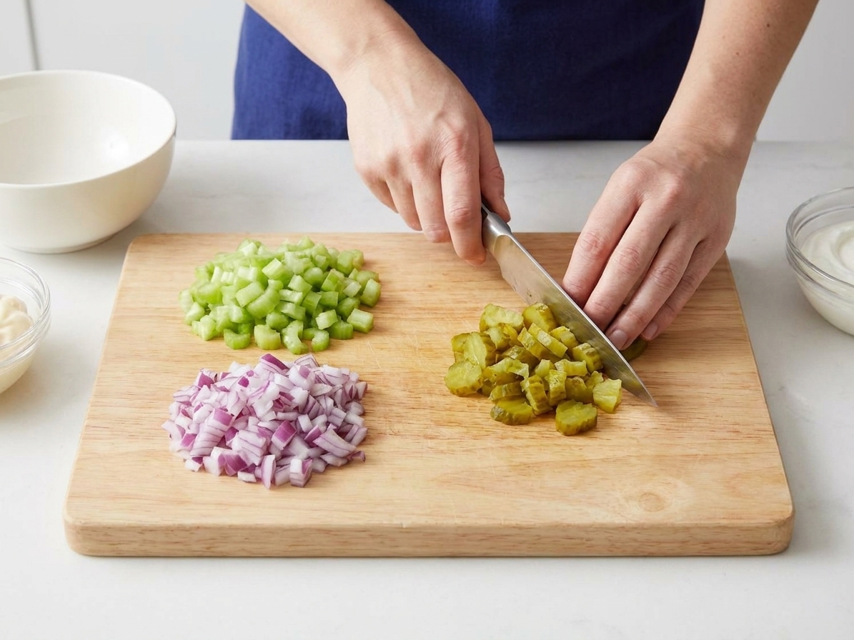 A cutting board with neatly diced celery, finely chopped red onion, and chopped dill pickles prepared for tuna macaroni salad