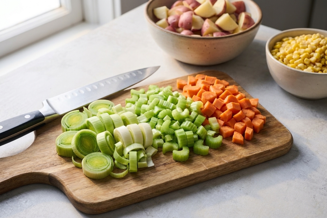 A cutting board with neatly diced leeks, celery, and carrots ready for soup prep in a bright home kitchen