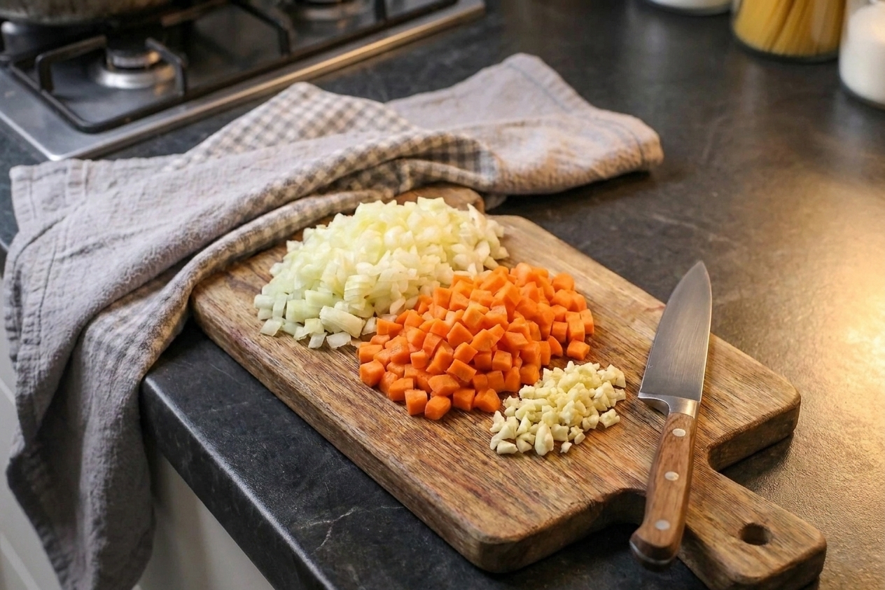A cutting board with neatly diced onion and carrots and minced garlic beside a chef's knife on a bright kitchen counter