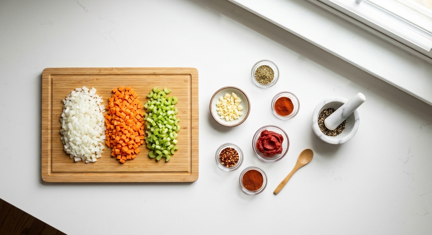 A cutting board with neatly diced onion, carrot, and celery next to minced garlic and small prep bowls on a kitchen counter
