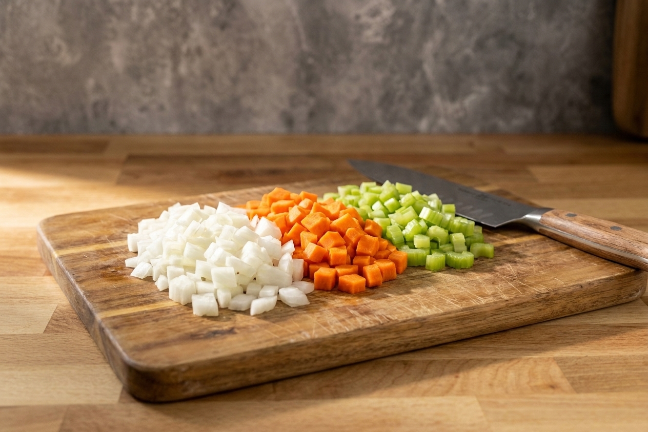 A cutting board with neatly diced onion, carrots, and celery prepped for soup, with a chef's knife resting beside