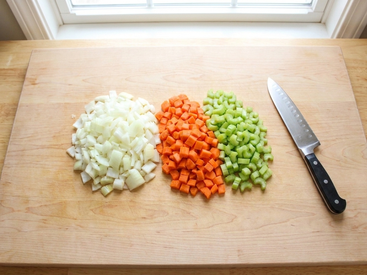 A cutting board with neatly diced onion, carrots, and celery next to a chef's knife on a bright kitchen counter