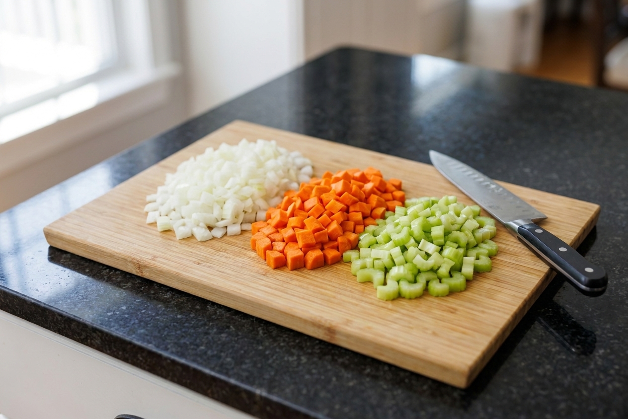 A cutting board with neatly diced onion, carrots, and celery next to a chef’s knife on a kitchen counter