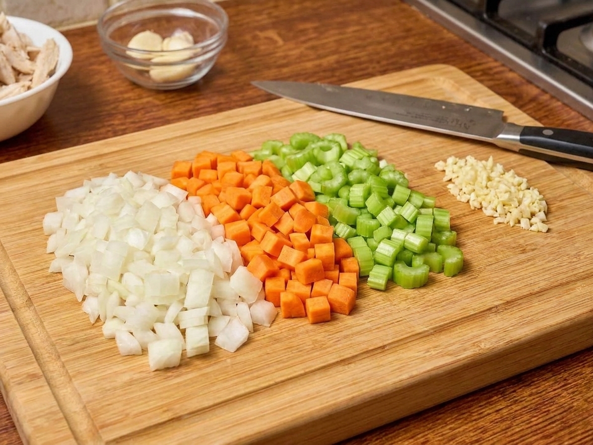 A cutting board with neatly diced onion, carrots, and celery beside minced garlic on a kitchen counter