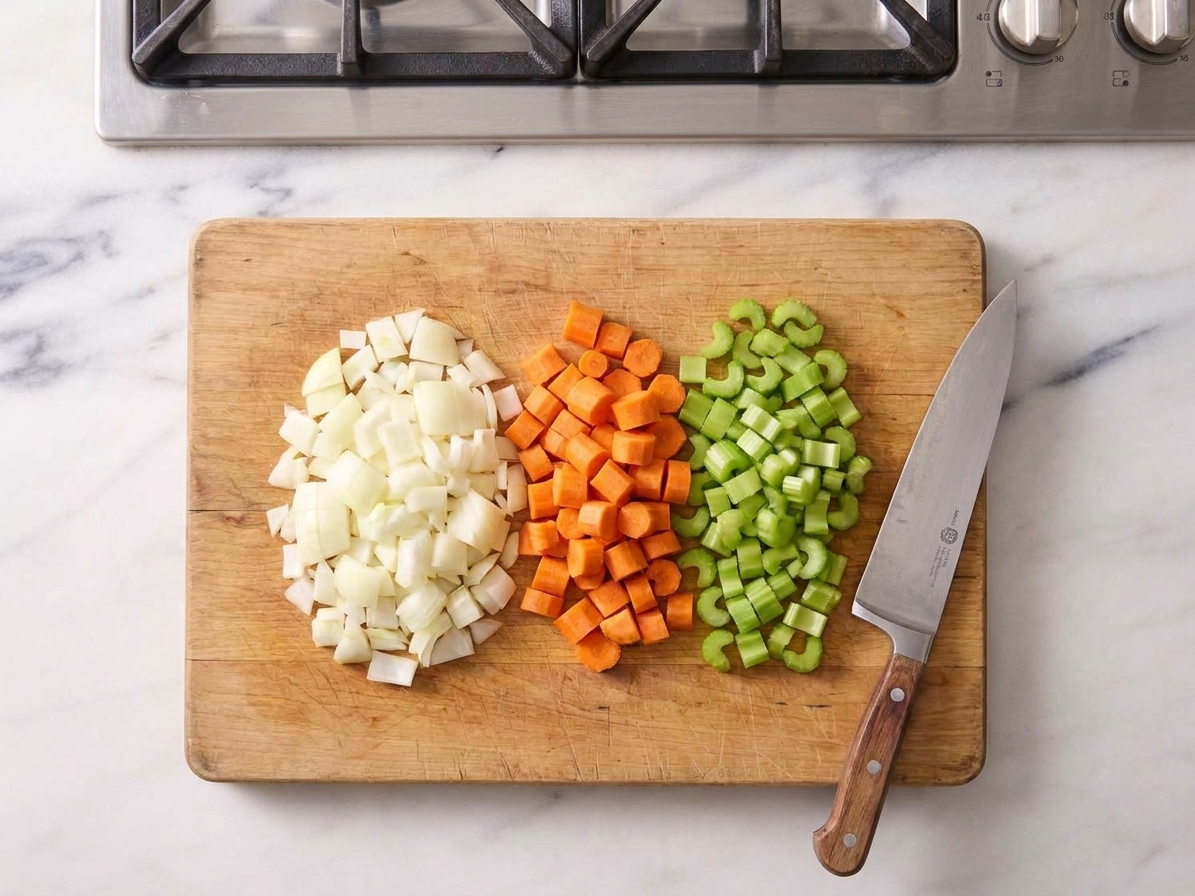 A cutting board with neatly diced onion, carrots, and celery beside a chef's knife on a home kitchen counter