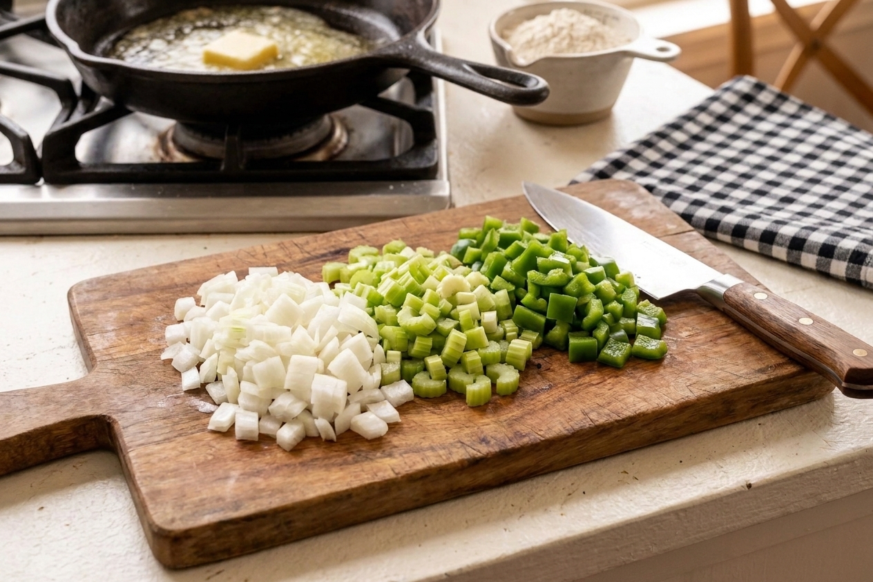 A cutting board with neatly diced onion, celery, and green bell pepper next to a chef’s knife on a kitchen counter