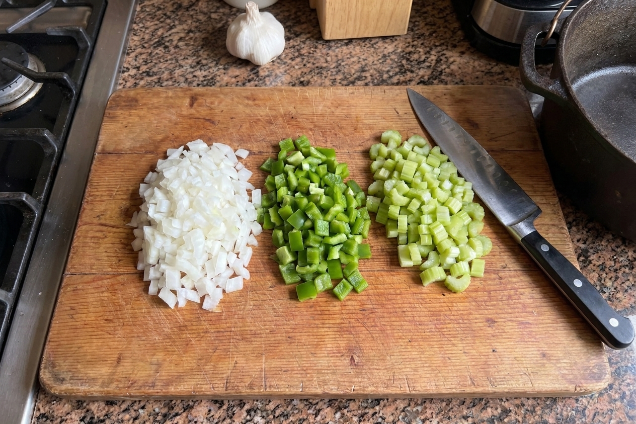 A cutting board with neatly diced onion, celery, and green bell pepper ready for chili prep under warm kitchen lighting