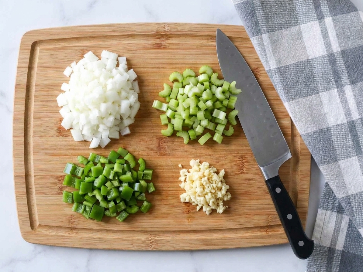 A cutting board with neatly diced onion, celery, bell pepper, and minced garlic ready for cooking