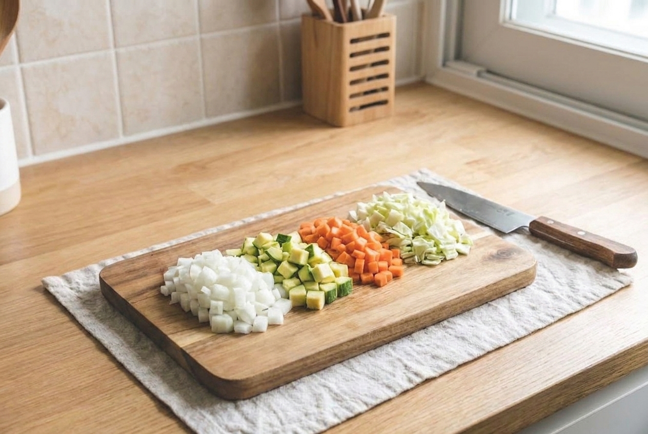 A cutting board with neatly diced onion, zucchini, carrot, and cabbage beside a chef's knife on a kitchen counter