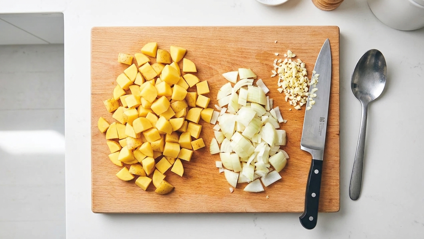 A cutting board with neatly diced potatoes, chopped onion, and minced garlic beside a chef's knife on a bright kitchen counter