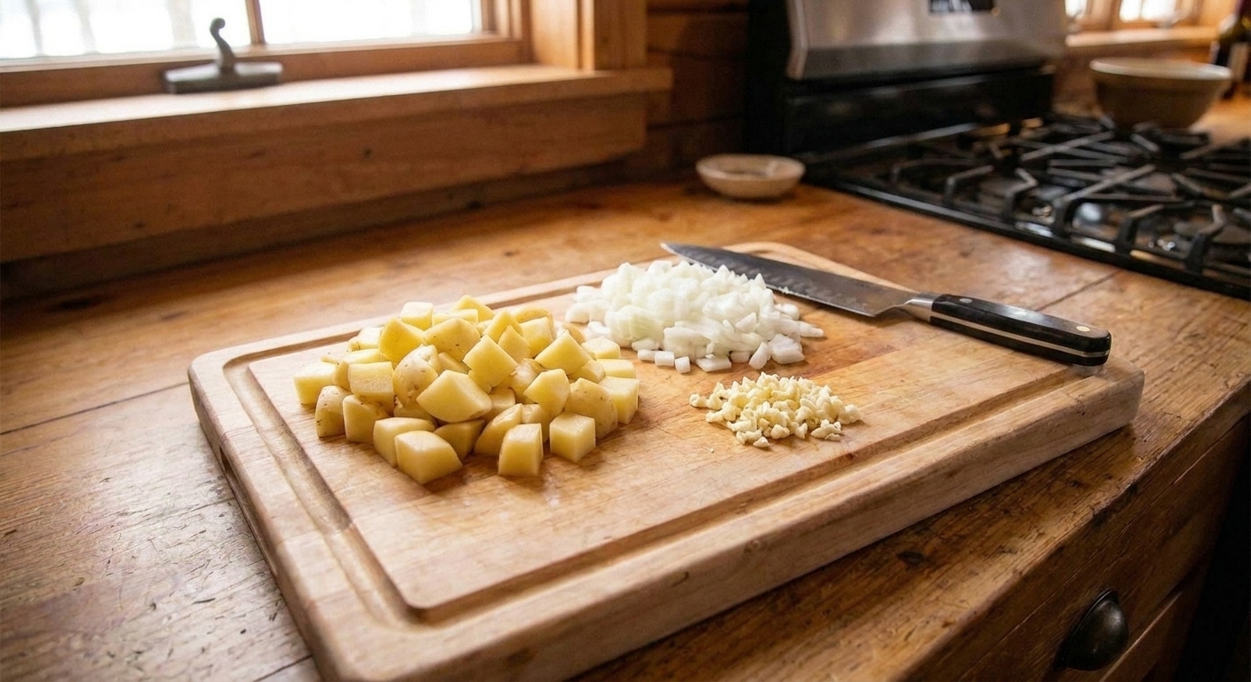 A cutting board with neatly diced potatoes, chopped onion, and minced garlic prepped for soup beside a chef’s knife on a clean kitchen counter
