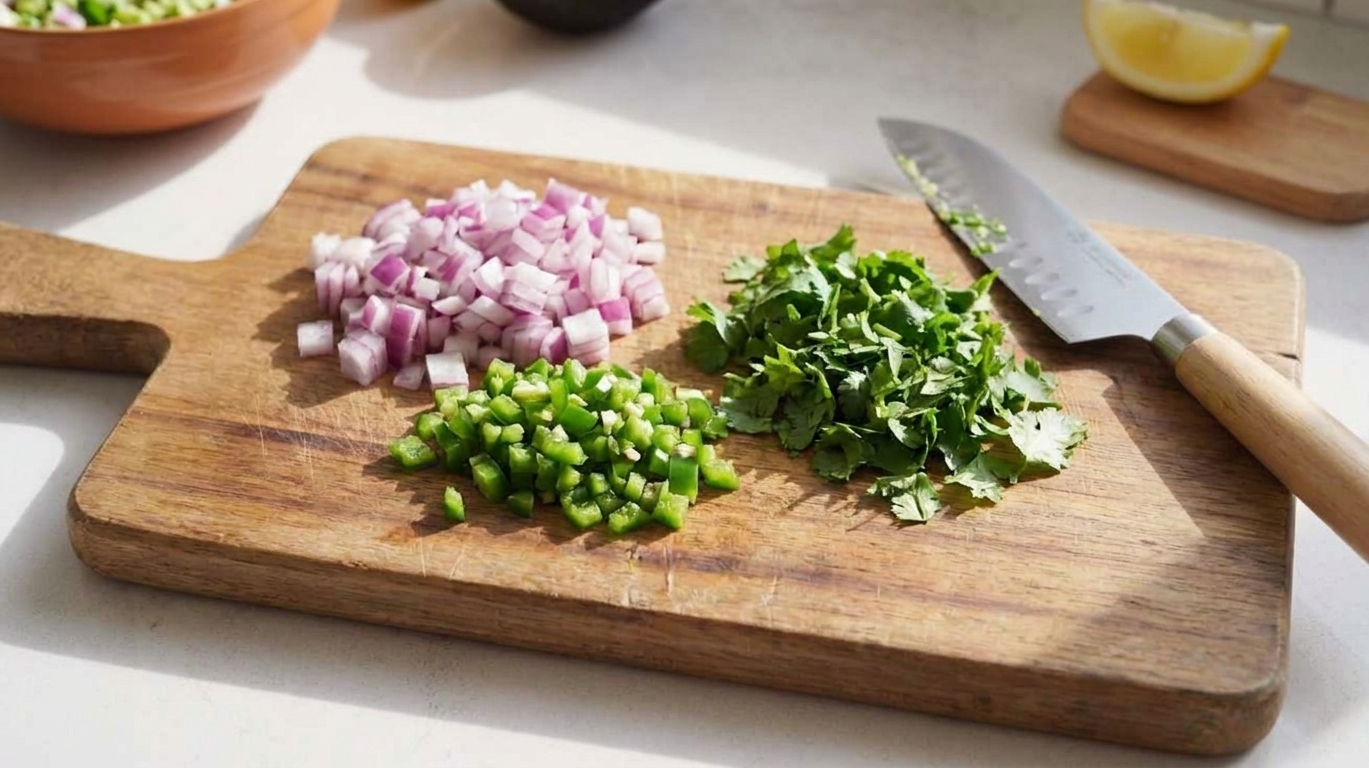 A cutting board with neatly diced red onion, chopped jalapeño, and chopped cilantro next to a chef’s knife on a warm kitchen counter