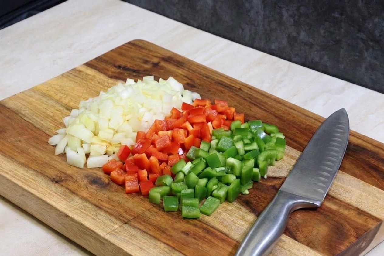 A cutting board with neatly diced yellow onion and red and green bell peppers, with a chef's knife beside them on a kitchen counter