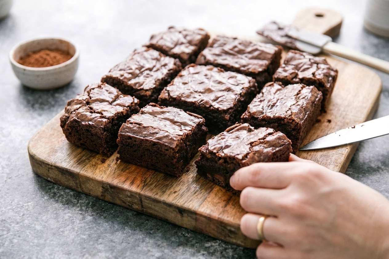 A cutting board with neatly sliced fudgy brownies showing a dark, moist interior and crackly tops
