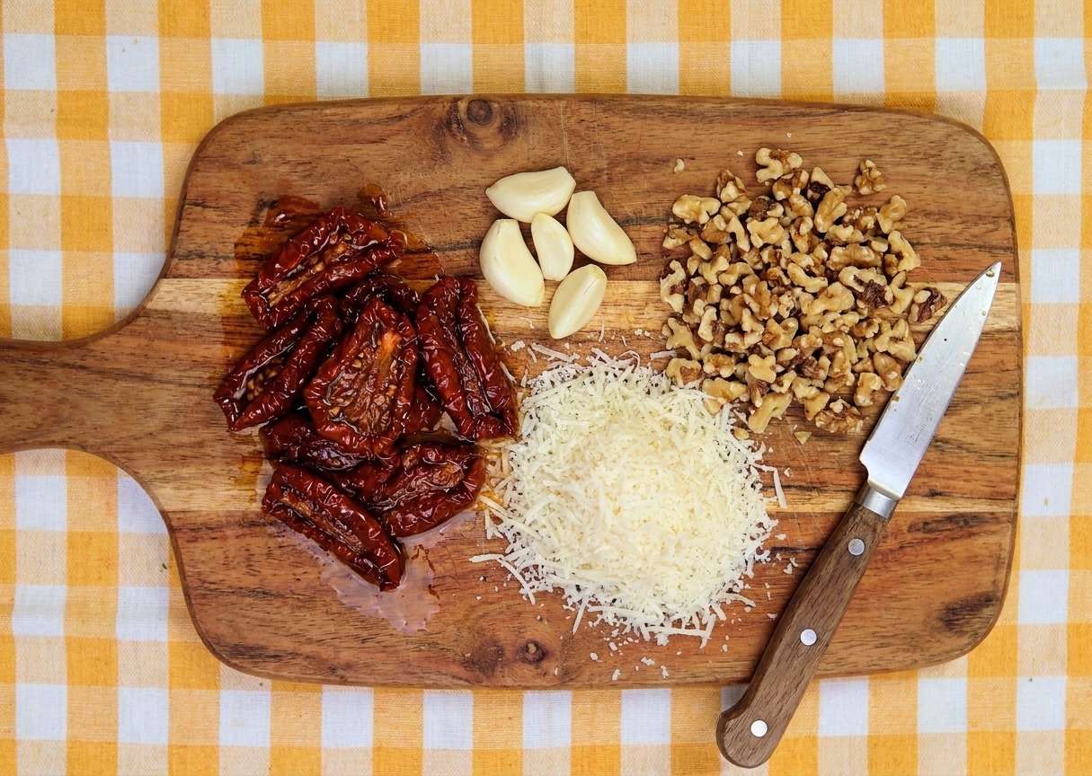 A cutting board with oil-packed sun-dried tomatoes, peeled garlic cloves, grated Parmesan, and walnuts ready to be blended