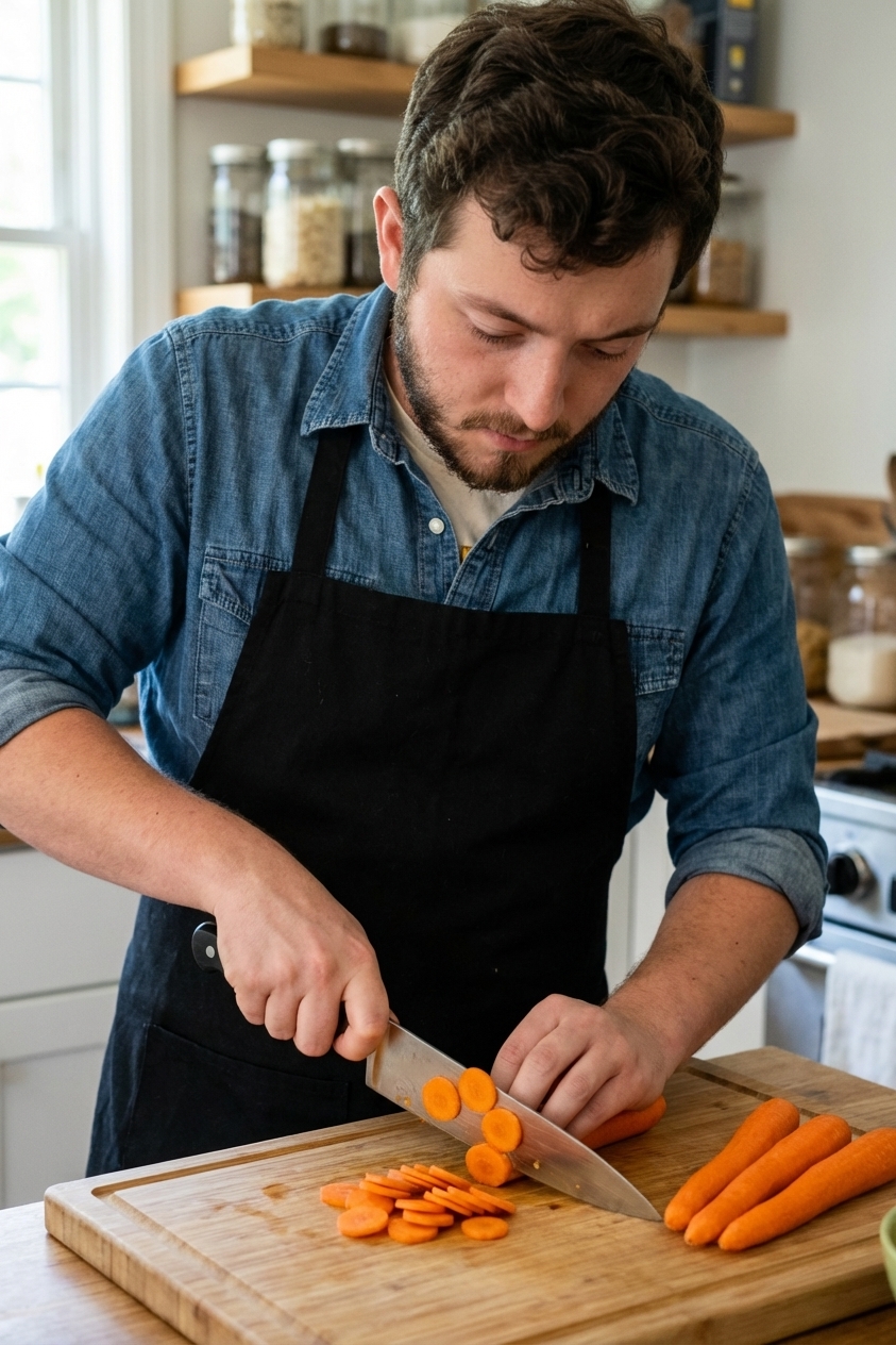 A cutting board with peeled carrots being sliced into thin coins with a chef's knife