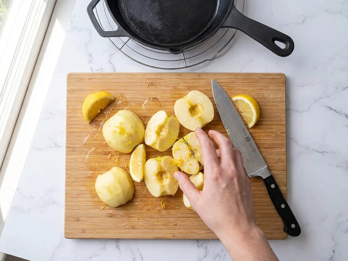 A cutting board with peeled, halved apples tossed with lemon juice beside a chef’s knife, in a bright home kitchen