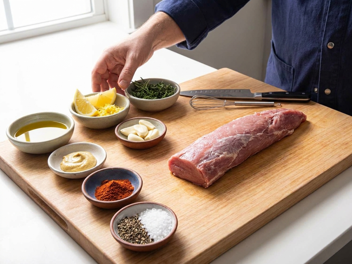 A cutting board with pork tenderloin next to small bowls of olive oil, lemon, garlic, Dijon mustard, paprika, salt, pepper, and chopped herbs on a bright kitchen counter