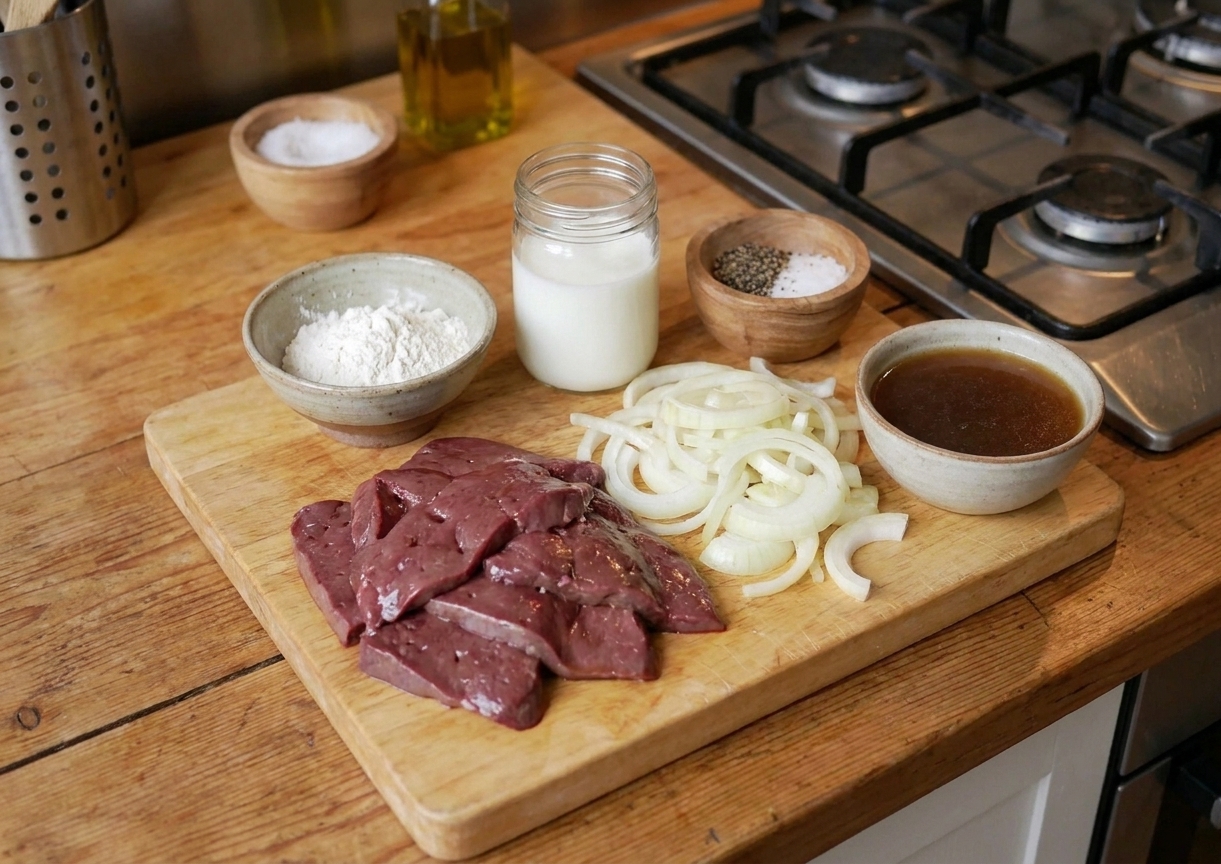 A cutting board with raw sliced beef liver, yellow onions, flour, milk, salt, pepper, and a small bowl of broth on a kitchen counter