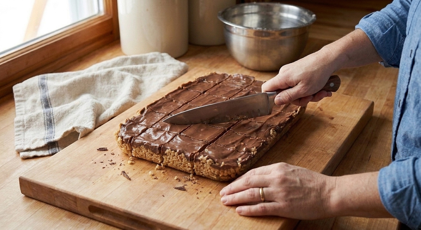 A cutting board with scotcharoos being sliced into squares with a chef's knife, showing the layered topping and chewy cereal base