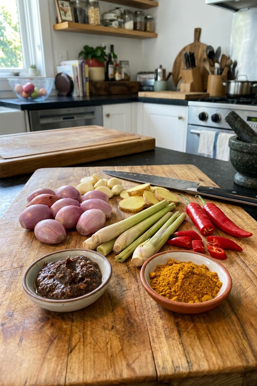 A cutting board with shallots, garlic, ginger, lemongrass, red chiles, and a small bowl of shrimp paste and curry powder ready to blend for laksa paste