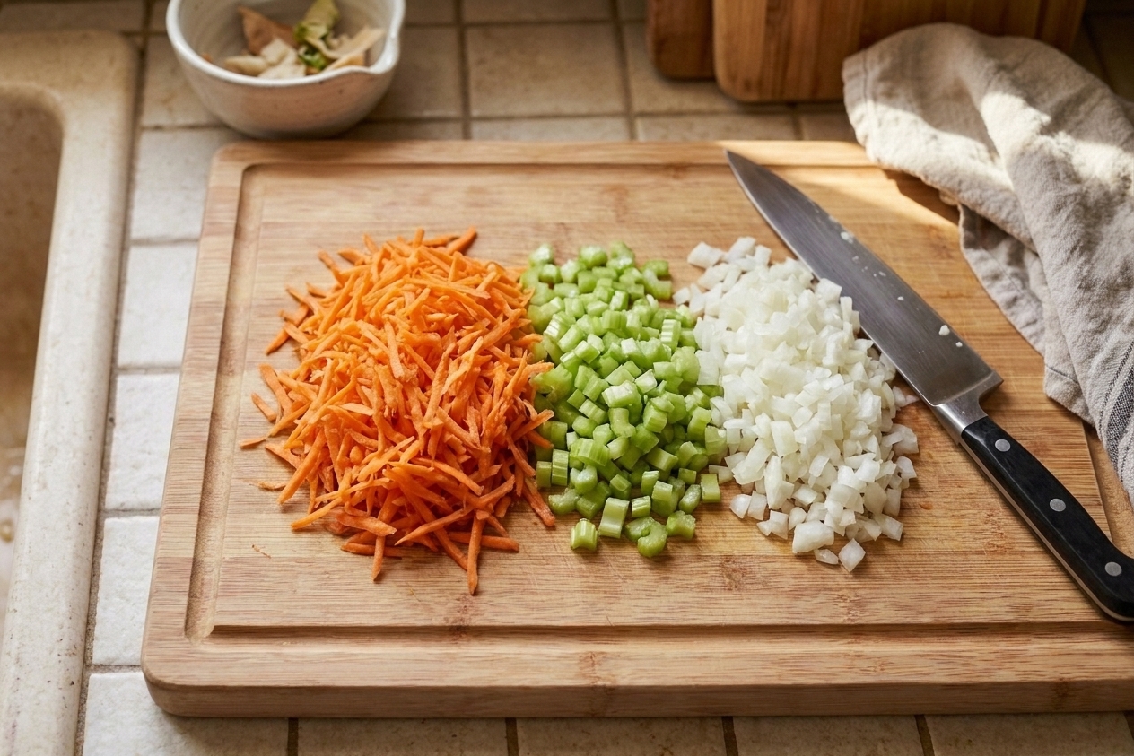A cutting board with shredded carrot, finely diced celery, and finely diced onion prepped for macaroni salad