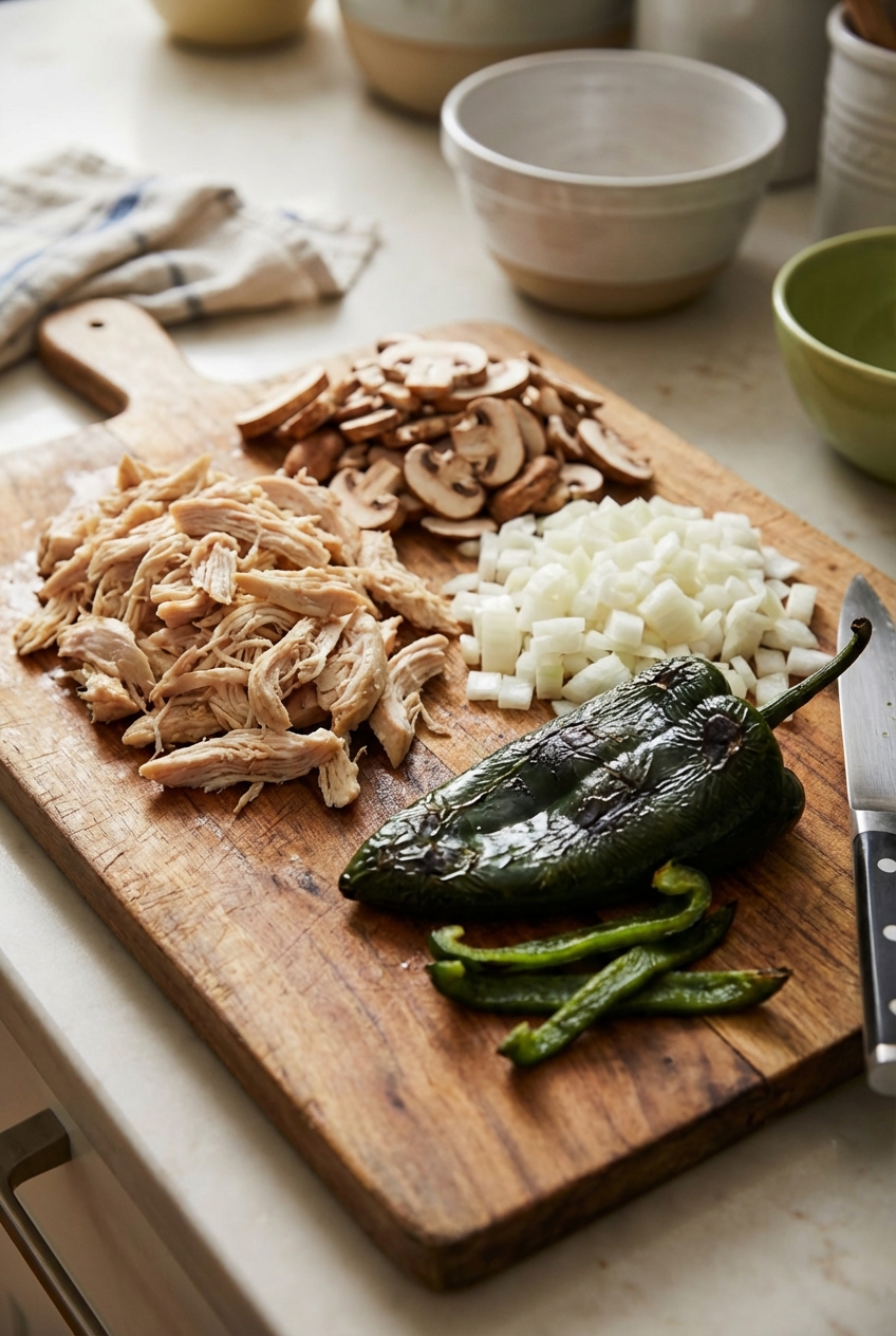 A cutting board with shredded cooked chicken, sliced mushrooms, diced onion, and a roasted poblano pepper ready for enchiladas