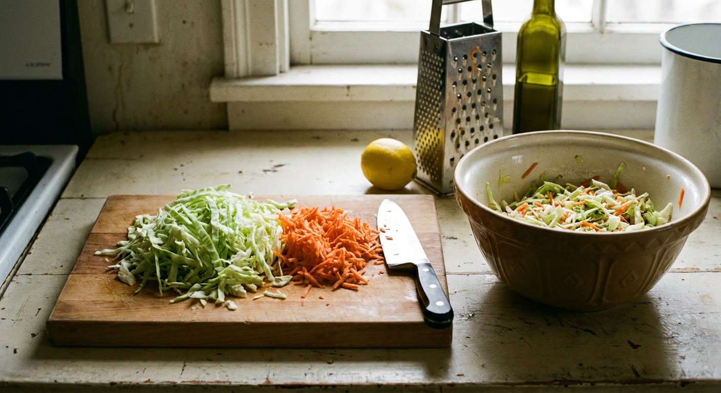 A cutting board with shredded green cabbage and grated carrots next to a mixing bowl, kitchen counter scene, real food photography style