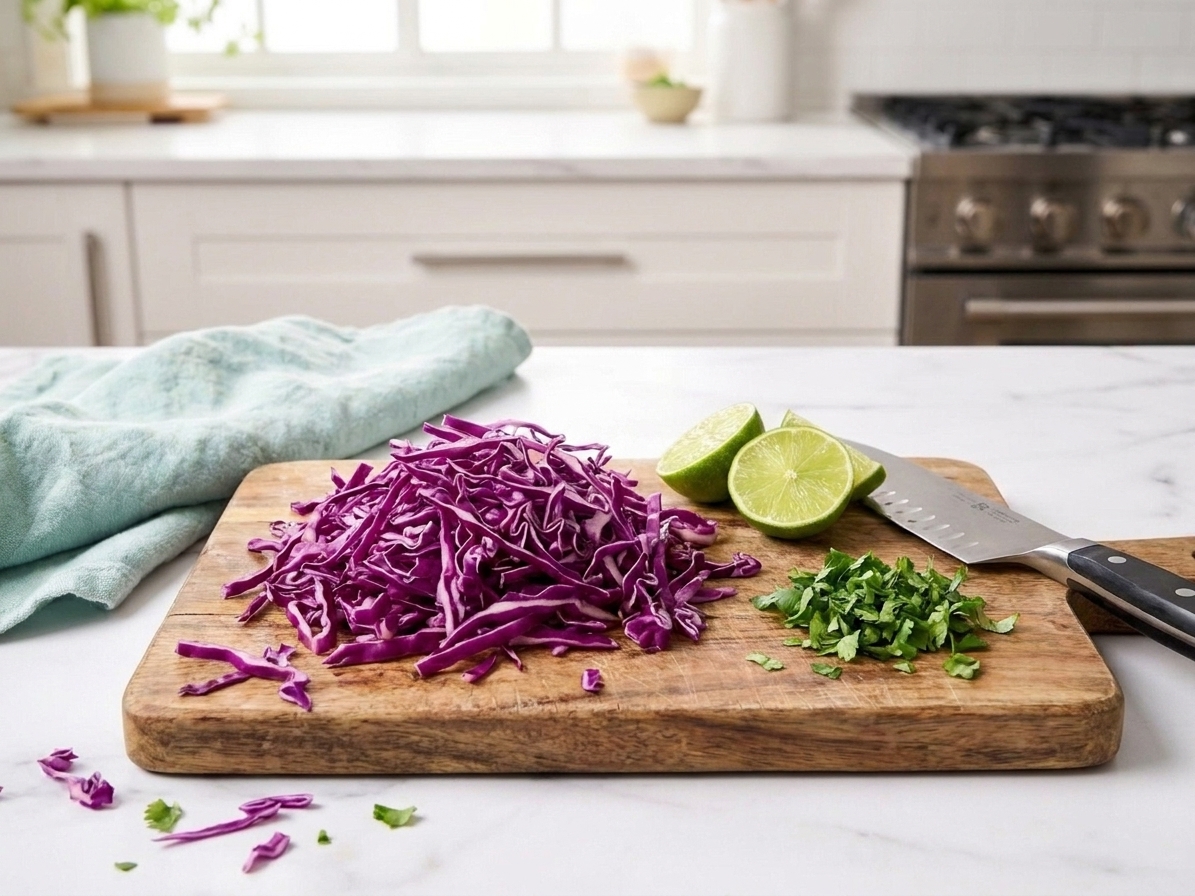 A cutting board with shredded purple cabbage, halved limes, and a small pile of chopped cilantro ready for slaw prep on a home kitchen counter