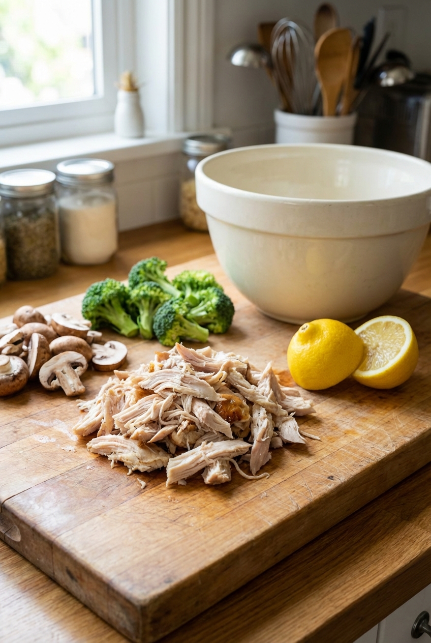 A cutting board with shredded rotisserie chicken, sliced mushrooms, broccoli florets, and a lemon next to a mixing bowl