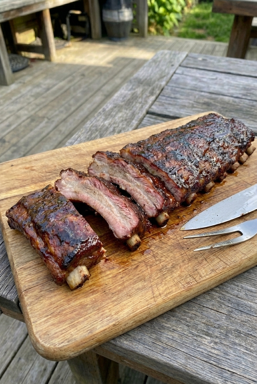A cutting board with sliced baby back ribs showing a smoky rub crust and juicy interior