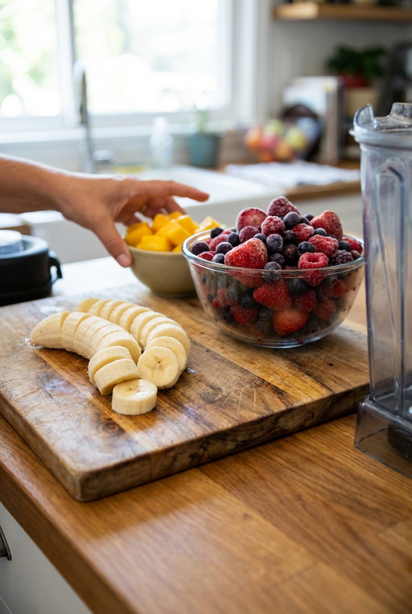 A cutting board with sliced banana, frozen mixed berries in a bowl, and mango chunks ready for a smoothie