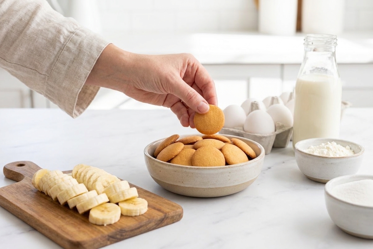 A cutting board with sliced bananas beside a bowl of vanilla wafers, with eggs and dairy nearby on a kitchen counter