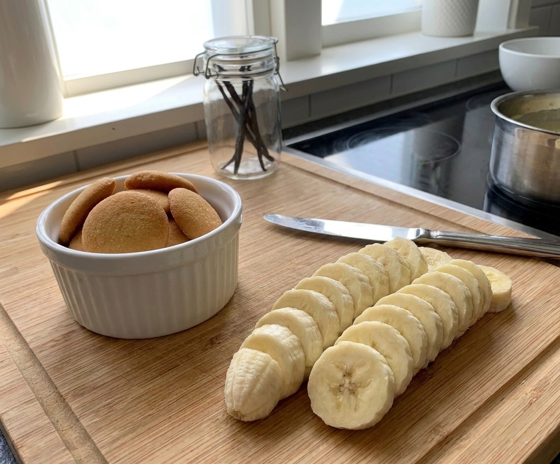 A cutting board with sliced bananas beside a bowl of vanilla wafers on a kitchen counter