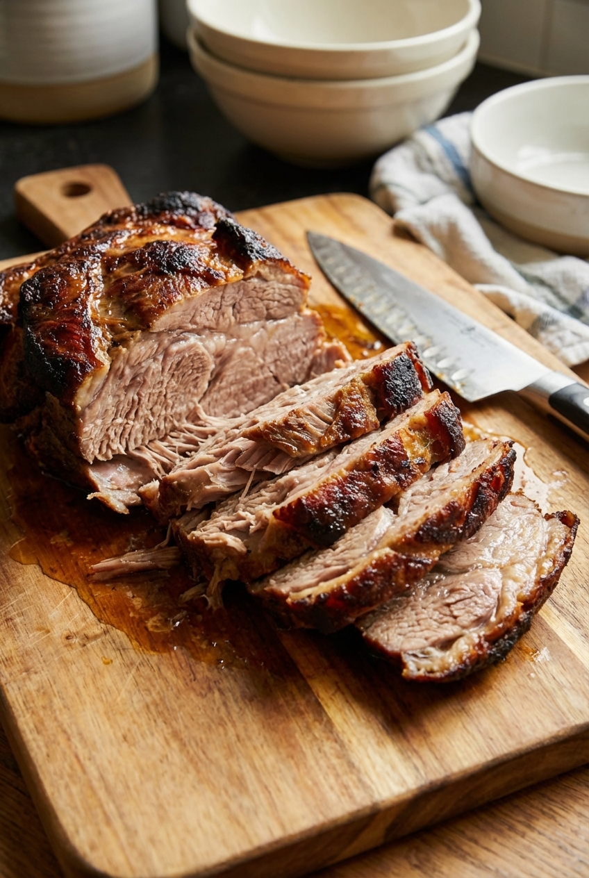 A cutting board with sliced braised pork shoulder showing moist, tender interior and crisp browned edges