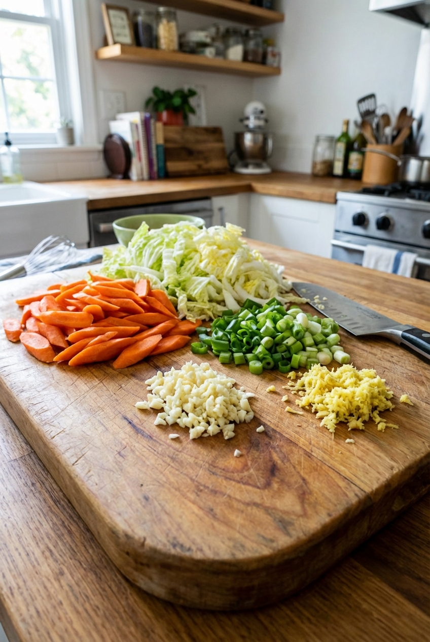 A cutting board with sliced carrots, cabbage, scallions, minced garlic, and grated ginger prepped for stir-fry