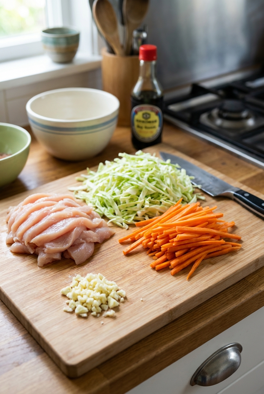 A cutting board with sliced chicken, shredded cabbage, julienned carrots, and minced garlic ready for stir-frying