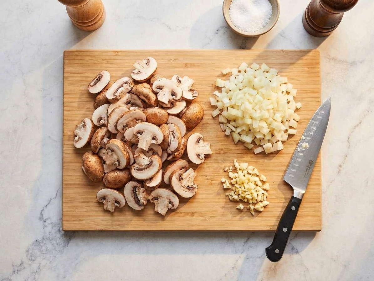 A cutting board with sliced cremini mushrooms, chopped onion, and minced garlic prepped for cooking in a warm home kitchen