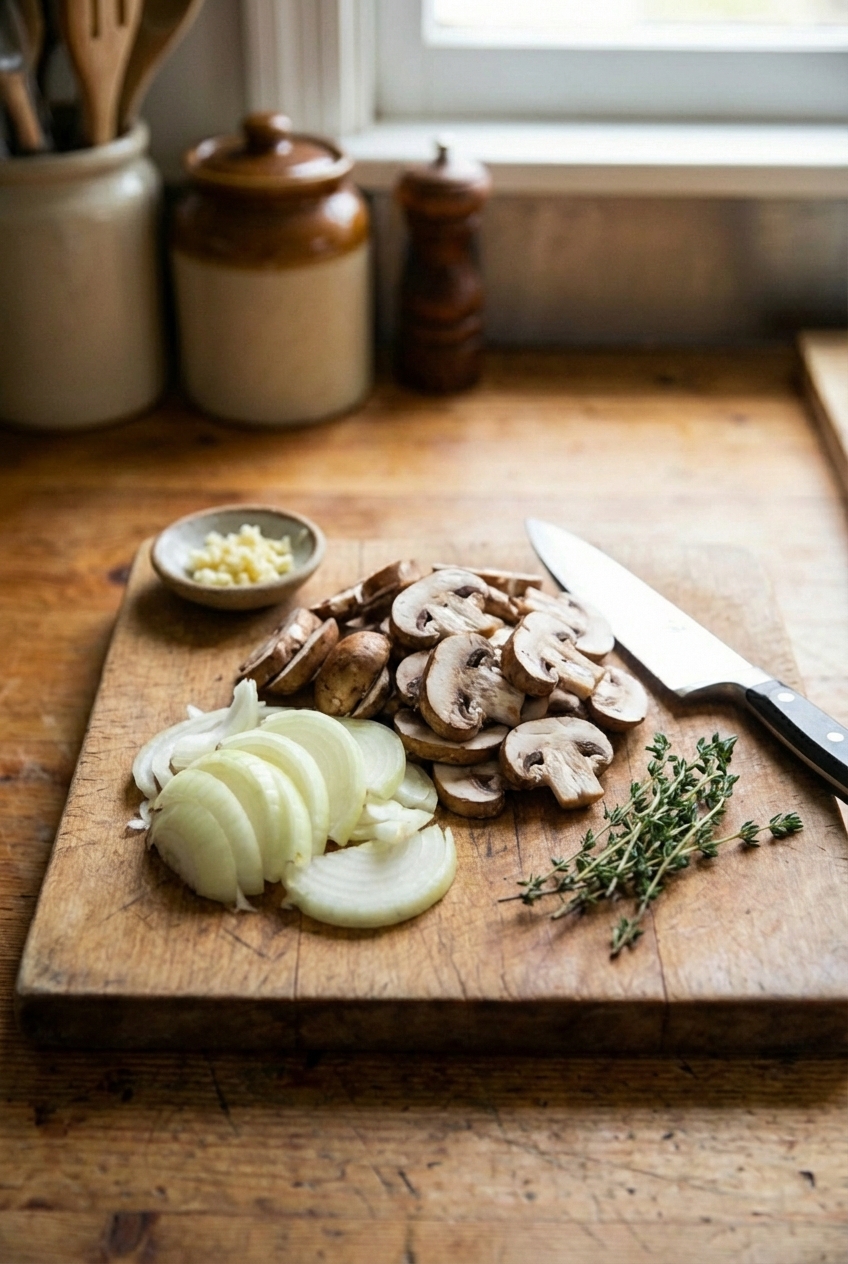 A cutting board with sliced cremini mushrooms, sliced onions, minced garlic, and fresh thyme ready for cooking