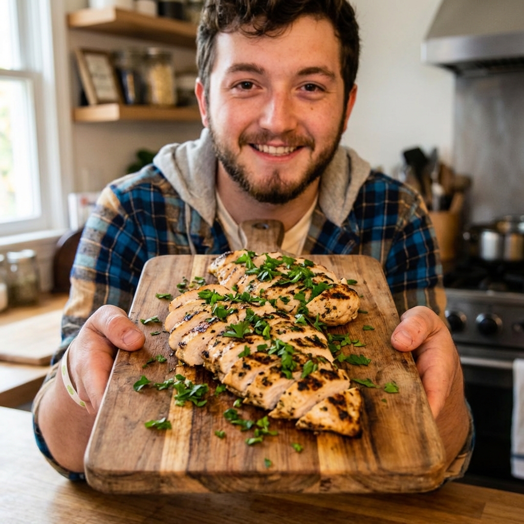 A cutting board with sliced grilled chicken breast and fresh parsley