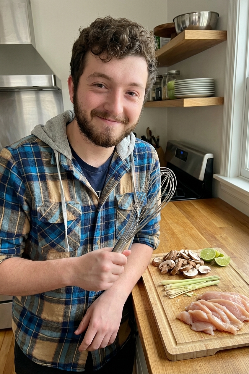 A cutting board with sliced mushrooms, lime wedges, smashed lemongrass stalks, and thinly sliced chicken ready for soup