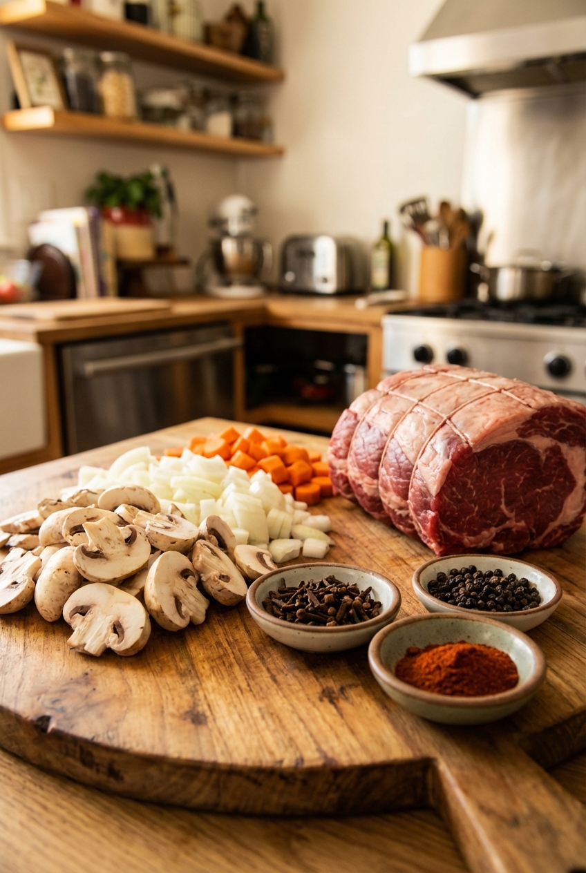 A cutting board with sliced mushrooms, onions, carrots, and small bowls of cloves, peppercorns, and smoked paprika next to a beef roast