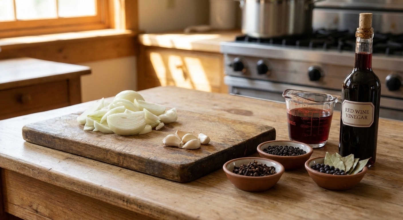 A cutting board with sliced onions and garlic beside small bowls of cloves, peppercorns, bay leaves, and juniper berries next to a measuring cup of red wine vinegar