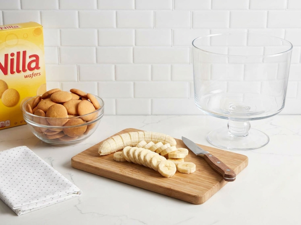 A cutting board with sliced ripe bananas next to a bowl of Nilla Wafers and a trifle dish ready for layering
