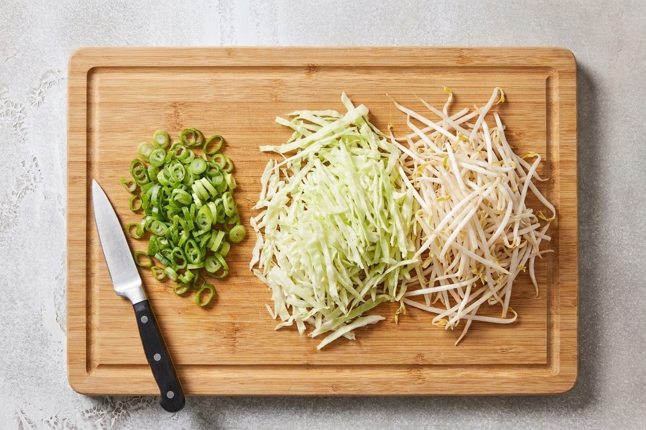A cutting board with sliced scallions, shredded cabbage, and a pile of bean sprouts prepped for mixing into egg foo yung