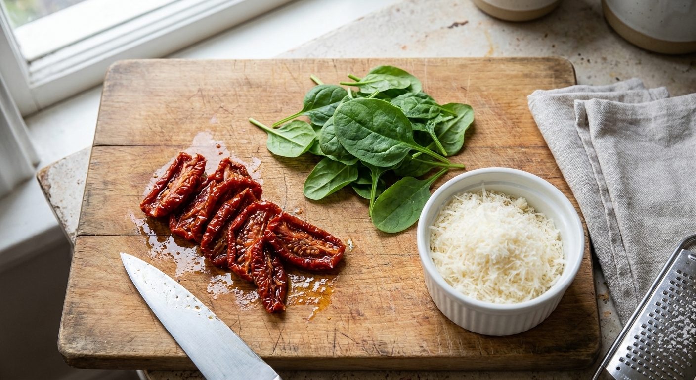 A cutting board with sliced sun-dried tomatoes, a small pile of fresh baby spinach, and a bowl of freshly grated Parmesan cheese, photorealistic food photography