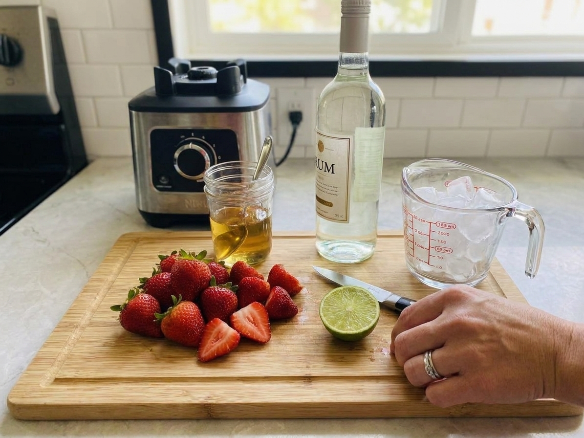 A cutting board with strawberries, a halved lime, a small jar of simple syrup, a bottle of white rum, and a cup of ice set on a tidy kitchen counter in soft daylight