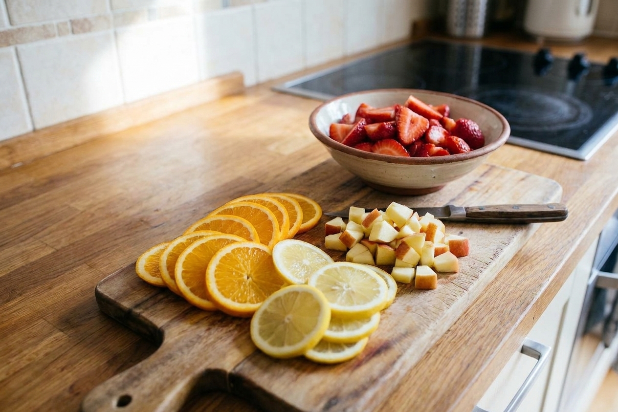 A cutting board with thin orange and lemon slices and diced apple beside a bowl of sliced strawberries on a bright kitchen counter