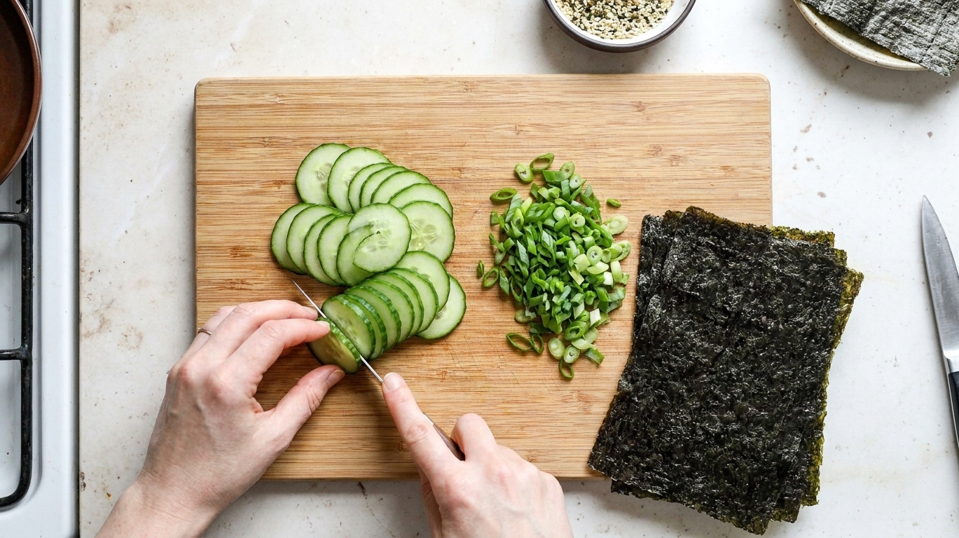 A cutting board with thinly sliced cucumbers and chopped green onions next to stacked nori sheets on a bright kitchen counter