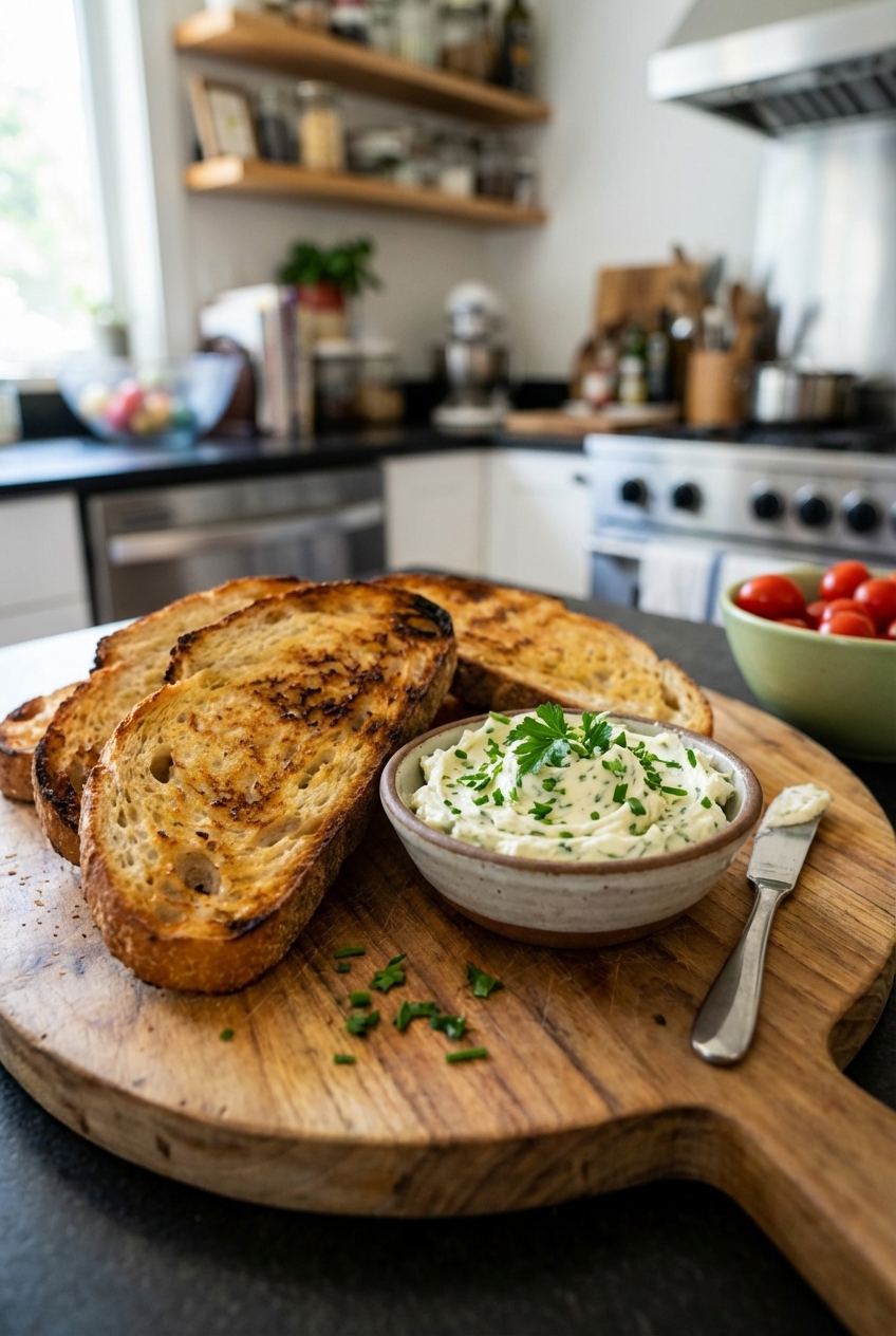 A cutting board with toasted sourdough slices and a small bowl of herb butter